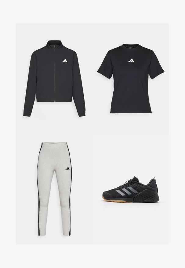 adidas Performance TRAIN ESSENTIALS 3 STRIPES WARM UP - Träningsjacka - black/white; Svart kortärmad T-shirt i mjukt material. Har en vit Adidas-logotyp och kontrasterande vita ränder längs sidorna.; Grå höga leggings med svarta sidostråkar, tillverkade av mjukt tyg. Har en liten svart Adidas-logga framtill.; Svart idrottssko med mesh-överdel, grå tre-stripes design, gummisula och texturerade detaljer på hälen och sidan.