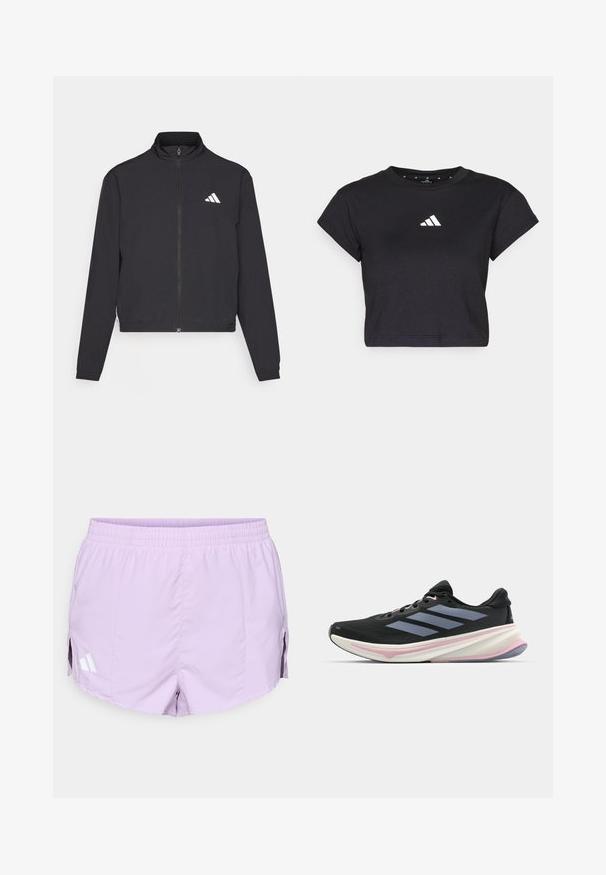 adidas Performance TRAIN ESSENTIALS 3 STRIPES WARM UP - Tréningová bunda - black/white; Čierne skrátené tričko z bavlny, s krátkymi rukávmi a bielym logom Adidas na hrudi. Hladká textúra, okrúhly výstrih.; Fialové športové šortky s elastickým pásom, bočnými rozparkami a bielymi značkovými akcentmi na ľavej strane. Hladká, ľahká tkanina.; Čierne športové topánky s sieťovaným zvrškom, sivými pruhmi, bielou medzipodrážkou s ružovými akcentmi a textúrovanou podrážkou.