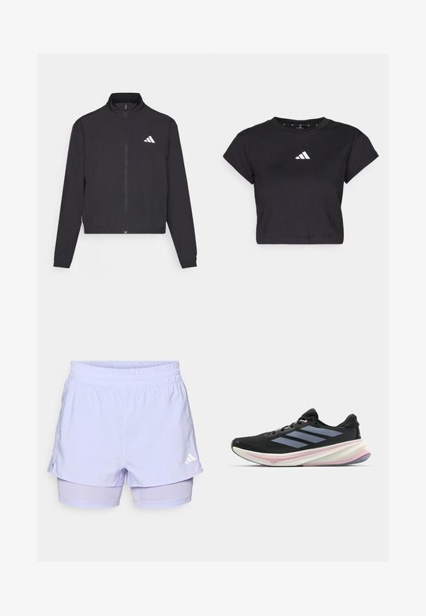 adidas Performance TRAIN ESSENTIALS 3 STRIPES WARM UP - Veste de survêtement - black/white; T-shirt noir court en coton, avec des manches courtes et un logo Adidas blanc sur la poitrine. Texture lisse, encolure ronde.; Shorts de sport violets clairs avec une taille élastique, un design superposé et des shorts intégrés ; comporte un accent de logo blanc.; Chaussures de sport noires avec une tige en mesh, présentant des rayures grises, une semelle intermédiaire blanche avec des touches roses et une semelle extérieure texturée.