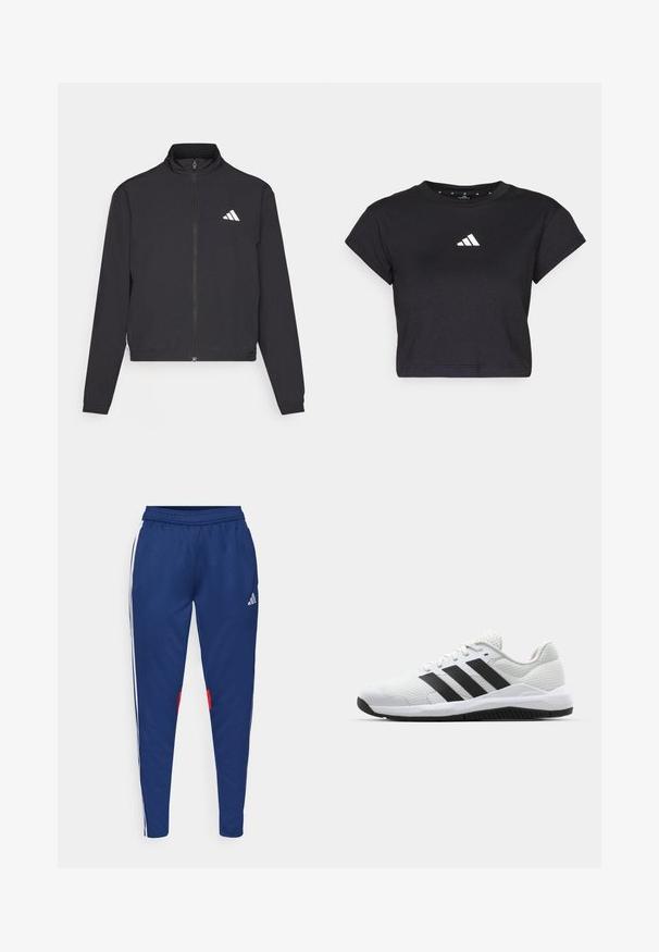 adidas Performance TRAIN ESSENTIALS 3 STRIPES WARM UP - Treningsjakke - black/white; Svart kortermet t-skjorte laget av bomull, med korte ermer og en hvit Adidas-logo på brystet. Glatt tekstur, rund halslinning.; Marine bukser med hvide sidelommer, elastisk talje og røde detaljer nær kanten. Lavet af glat, letvægtigt stof.; Hvite sportsko laget av pustende mesh med svarte tre-striper, en teksturert hæl, og en gummisåle for godt grep.