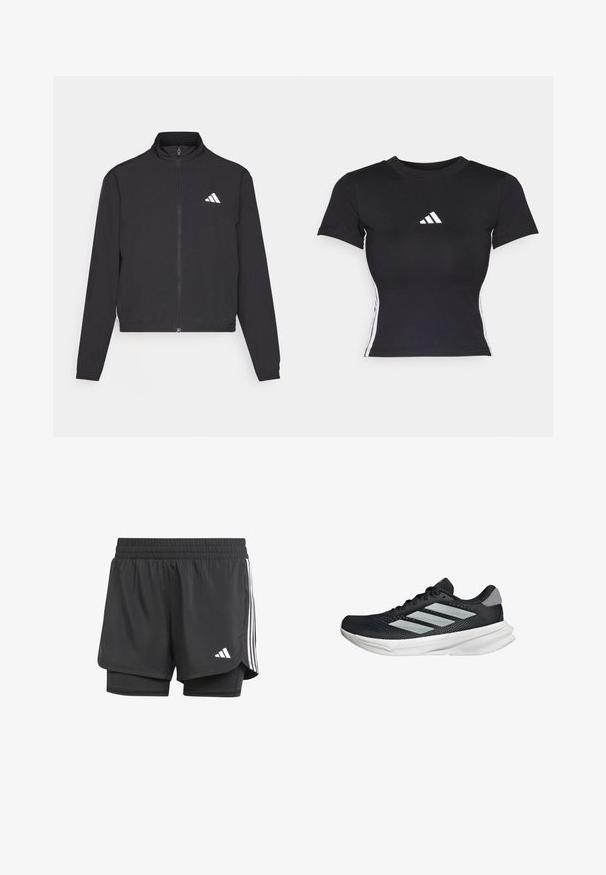 adidas Performance TRAIN ESSENTIALS 3 STRIPES WARM UP - Training jacket - black/white; Black fitted t-shirt made of smooth fabric. Features short sleeves and white adidas logo on the chest. White stripes down the sides.; Black athletic shorts with inner layer, elastic waistband, and white three stripes on sides, featuring a small white logo. Smooth texture.; Black running shoe with mesh upper, three silver stripes, white midsole, and textured outsole. Features padded collar and lace closure.