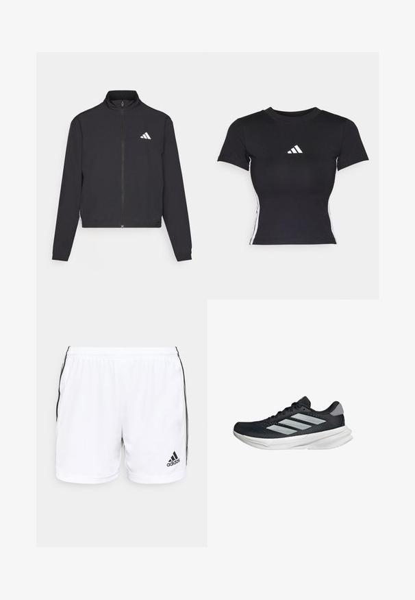 adidas Performance TRAIN ESSENTIALS 3 STRIPES WARM UP - Training jacket - black/white; Black fitted t-shirt made of smooth fabric. Features short sleeves and white adidas logo on the chest. White stripes down the sides.; adidas Performance SQUAD 21 SHO W - Sports shorts - white/black; Black running shoe with mesh upper, three silver stripes, white midsole, and textured outsole. Features padded collar and lace closure.