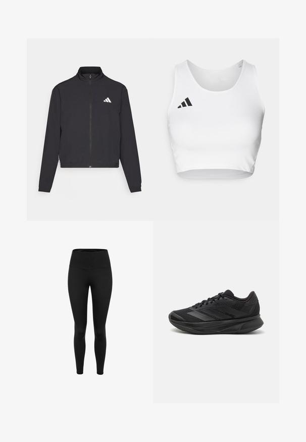 adidas Performance TRAIN ESSENTIALS 3 STRIPES WARM UP - Training jacket - black/white; White sports crop top made of smooth fabric, featuring a round neckline and a black logo accent on the left side.; Black leggings made from a stretchy fabric. High waistband, slim fit, and smooth texture. No patterns or visible hardware.; Black running shoe with a breathable mesh upper, rounded toe, sleek design, textured accents, and a cushioned sole for comfort.
