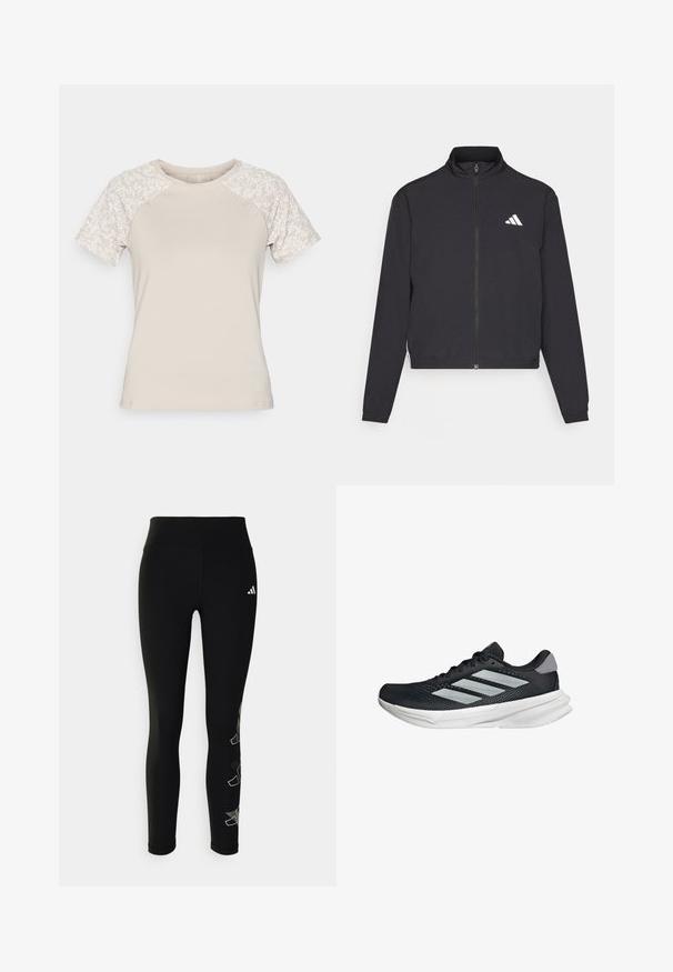 adidas Performance TRAIN ESSENTIALS 3 STRIPES WARM UP - Training jacket - black/white; Beige t-shirt with short sleeves; textured body and floral-patterned sleeves. Round neck; soft fabric. Suitable for casual wear.; Black leggings made from stretchy material, featuring a high waistband and a reflective logo on the hip, with a geometric accent design on the leg.; Black running shoe with mesh upper, three silver stripes, white midsole, and textured outsole. Features padded collar and lace closure.