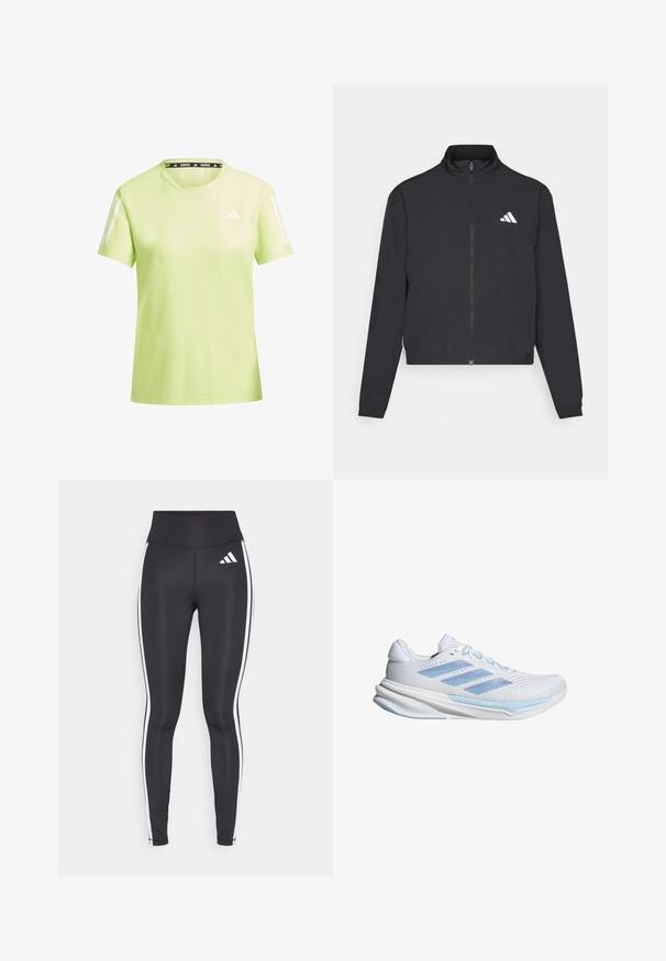 adidas Performance TRAIN ESSENTIALS 3 STRIPES WARM UP - Trainingsjacke - black/white; Hellgrünes Sport-T-Shirt aus atmungsaktivem Material. Mit weißen Streifen an den Ärmeln und einem schwarzen "RUNNING"-Label am Halsausschnitt.; Schwarze Leggings mit hohem Bund, ausgestattet mit weißen Seitenstreifen und einem kleinen weißen Logo am oberen linken Oberschenkel. Hergestellt aus glattem, dehnbarem Material.; Weiße Laufschuhe mit hellblauen Akzenten, atmungsaktives Mesh-Obermaterial, Drei-Streifen-Design, gepolsterte Sohle und strukturierte Traktionslaufsohle.