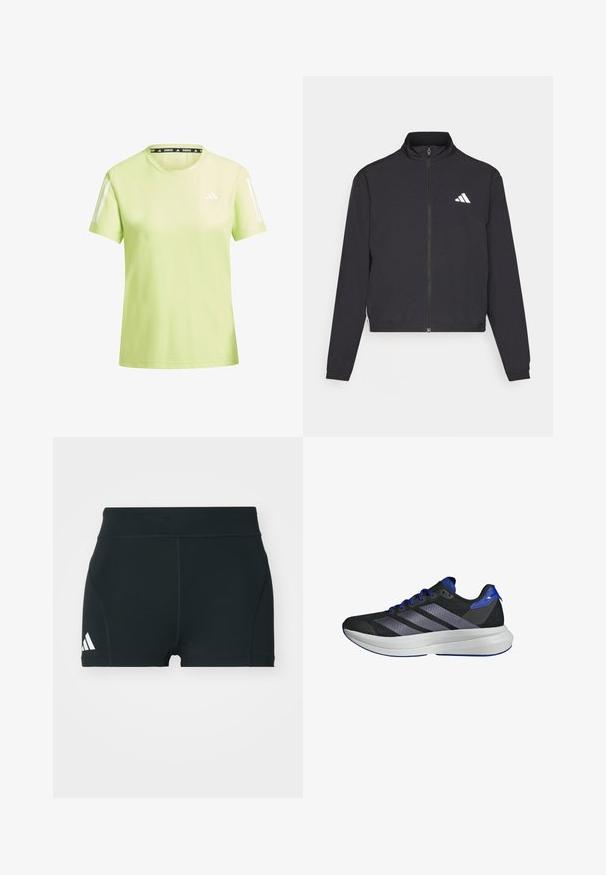 adidas Performance TRAIN ESSENTIALS 3 STRIPES WARM UP - Training jacket - black/white; Light green athletic t-shirt made from breathable material. Features white stripes on sleeves and a black "RUNNING" label on the neckline.; Black athletic shorts made of stretchy fabric, featuring a high waistband, fitted shape, and white Adidas logo on the left side.; Sport shoes with a black mesh upper, blue accents, and three side stripes. Thick white midsole with a textured surface. Low-top design.