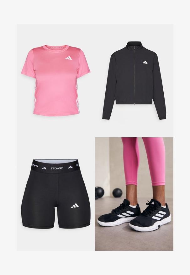 adidas Performance TRAIN ESSENTIALS 3 STRIPES WARM UP - Casaco de treino - black/white; T-shirt atlético rosa com mangas curtas, textura suave, decote redondo e logótipo branco no peito. Apresenta detalhes listados nas laterais.; Calções pretos feitos de um tecido elástico com um design ajustado. Apresentam uma ampla faixa na cintura preta rotulada como "TECHFIT" e um logótipo branco na perna.; Sapatos de treino pretos com riscas brancas, parte superior em malha texturizada e sola branca. Usados com leggings cor-de-rosa, destacando roupa de treino.
