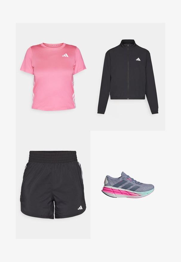 adidas Performance TRAIN ESSENTIALS 3 STRIPES WARM UP - Spordijakk - black/white; Roosa sport shimmering t-särk lühikeste varrukatega, sile tekstuur, ümmargune kaelus ja valge logo rinnal. Sellel on triibulised aktsendid külgedel.; Mustad mustriga mustad sportlikud lühikesed püksid elastse värviga, küljetaskud ja valged triibud külgedel. Valmistatud kerge materjali sisu.; Halluxi toonik, millel on hingav võrkkattega pealis, roosad aktsendid ja kerge keskmine tald, millel on gradient kujund sinaka-roheliste toonide segu.