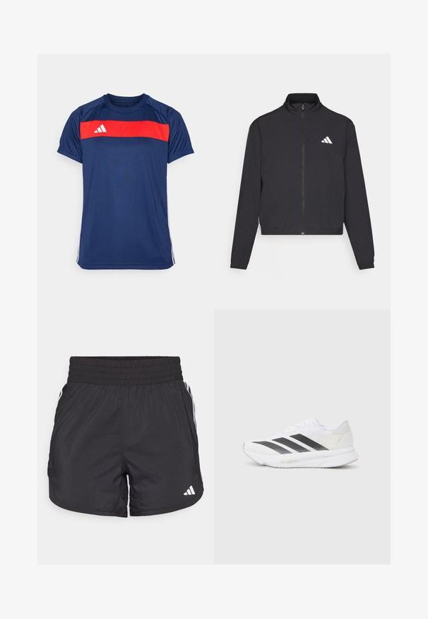 adidas Performance TRAIN ESSENTIALS 3 STRIPES WARM UP - Trainingsvest - black/white; Marineblauw sportt-shirt met een horizontale rode streep op de borst en drie witte strepen op de mouwen. Het materiaal is soepel en lichtgewicht.; Zwarte sportieve shorts met een elastische tailleband, zijzakken en witte streepaccenten aan de zijkanten. Gemaakt van lichtgewicht materiaal.; Witte sportschoen met zwarte diagonale strepen, bovenwerk van gaas, ronde neus en gestructureerde zool. Accenten zijn onder andere een zilveren hak en een minimalistisch ontwerp.