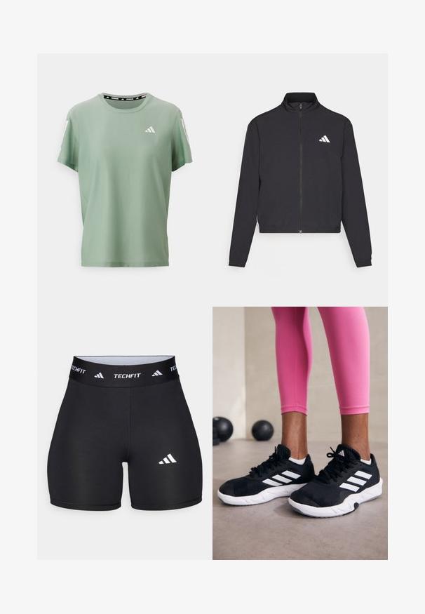 adidas Performance TRAIN ESSENTIALS 3 STRIPES WARM UP - Treningsjakke - black/white; adidas Performance TEE - T-skjorte til trening - silver green; Svart shorts laget av elastisk stoff med en tettsittende design. Har en bred svart midjebånd merket "TECHFIT" og en hvit logo på benet.; Svarte treningssko med hvite striper, teksturert mesh-overdel og hvit såle. Brukt med rosa leggings, som viser frem treningsklær.