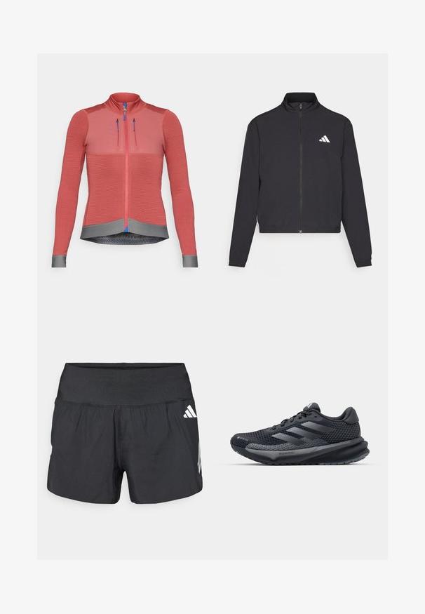 adidas Performance TRAIN ESSENTIALS 3 STRIPES WARM UP - Training jacket - black/white; Raspberry-colored cycling jacket with long sleeves, textured fabric, full front zipper, gray hem, blue zipper pulls, and reflective details.; Black athletic shorts featuring a wide elastic waistband, lightweight fabric, and white logo accents on the lower side.; Black athletic shoe with a textured mesh upper, reflective accents, cushioned sole, and a streamlined design. Features three stripe logo.