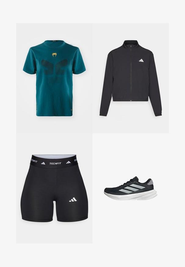 adidas Performance TRAIN ESSENTIALS 3 STRIPES WARM UP - Chaqueta de entrenamiento - black/white; Camiseta de algodón en color verde azulado con un gran diseño de malla negra y un logo dorado en el pecho. Tiene mangas cortas y un cuello redondo.; Pantalones cortos negros hechos de una tela elástica con un diseño ajustado. Cuentan con una cintura ancha negra etiquetada como "TECHFIT" y un logo blanco en la pierna.; Zapatilla de correr negra con parte superior de malla, tres franjas plateadas, media suela blanca y suela texturizada. Incluye un cuello acolchado y cierre de cordones.