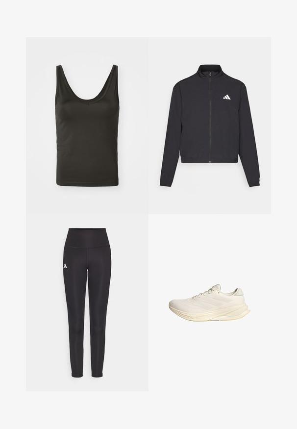 adidas Performance TRAIN ESSENTIALS 3 STRIPES WARM UP - Bluză de trening - black/white; Top negru fără mâneci, cu decolteu rotund, fabricat dintr-un material neted și elastic. Design simplu cu margini bine definite, potrivit pentru a fi purtat în straturi.; Legging-uri negre cu talie înaltă, dintr-un material elastic. Prezintă un logo alb pe partea stângă și un design elegant, fără cusături. Textură netedă.; Pantof de sport bej deschis, cu un superior din plasă, șireturi plate și o talpă amortizată. Are un design cu trei dungi pe partea laterală.