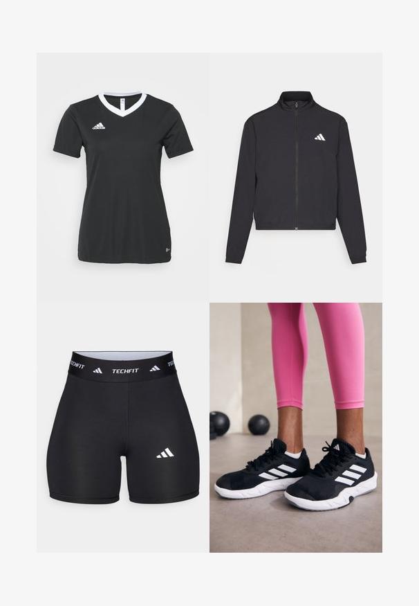 adidas Performance TRAIN ESSENTIALS 3 STRIPES WARM UP - Treningsjakke - black/white; Svart kortermet sportsskjorte med V-hals og hvit krage. Adidas-logo i hvit på venstre bryst, laget av glatt, syntetisk stoff.; Svart shorts laget av elastisk stoff med en tettsittende design. Har en bred svart midjebånd merket "TECHFIT" og en hvit logo på benet.; Svarte treningssko med hvite striper, teksturert mesh-overdel og hvit såle. Brukt med rosa leggings, som viser frem treningsklær.
