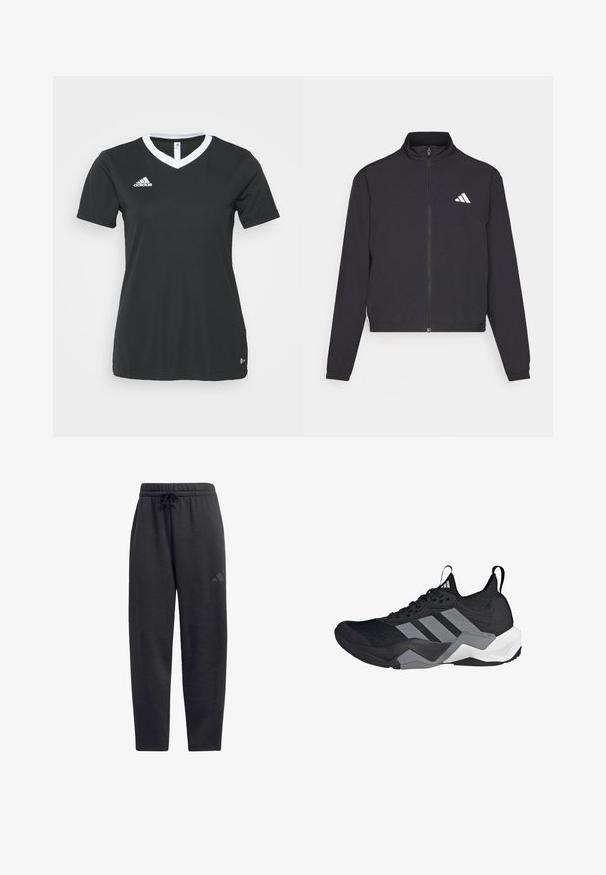 adidas Performance TRAIN ESSENTIALS 3 STRIPES WARM UP - Trainingsvest - black/white; Zwarte sportshirt met korte mouwen, V-hals en witte kraag. Adidas-logo in het wit op de linkerkant van de borst, gemaakt van glad synthetisch materiaal.; Zwarte sweatpants van zacht materiaal, met een elastische tailleband en een trekkoord, rechte pijpen en een subtiel logo op de bovenbeen.; Zwarte sportieve schoen met een ademend mesh-bovenwerk, grijze accenten, gestructureerde zool en drie kenmerkende strepen aan de zijkant.
