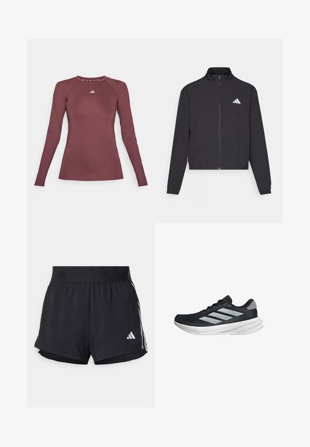 adidas Performance TRAIN ESSENTIALS 3 STRIPES WARM UP - Training jacket - black/white; Long-sleeve athletic top in burgundy, made of smooth, stretch fabric. Features a round neckline and small white logo on the chest.; Black athletic shorts with an elastic waistband, featuring a textured band, side stripes, and a white Adidas logo on the lower hem.; Black running shoe with mesh upper, three silver stripes, white midsole, and textured outsole. Features padded collar and lace closure.