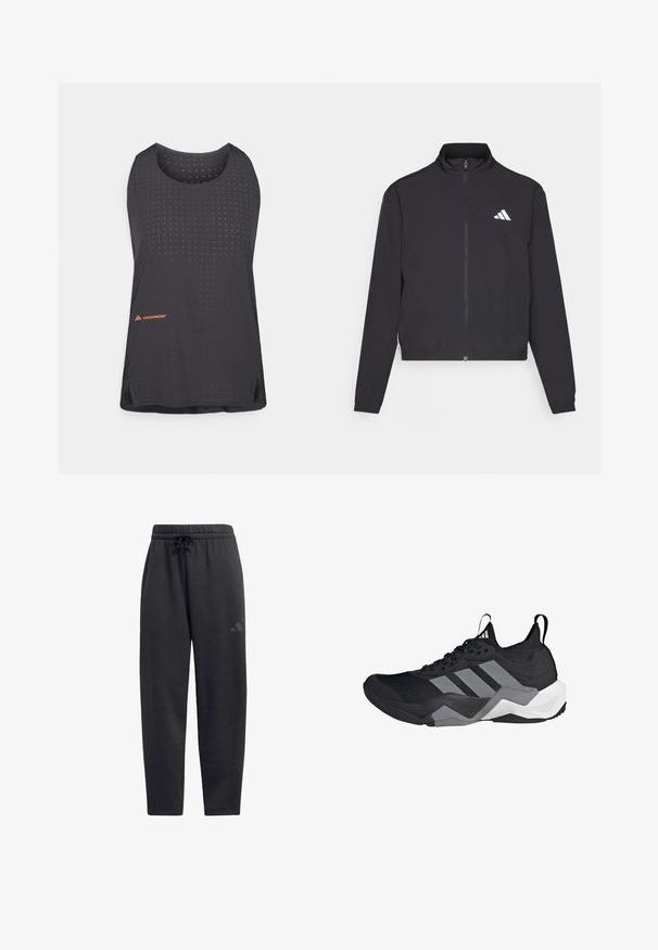 adidas Performance TRAIN ESSENTIALS 3 STRIPES WARM UP - Training jacket - black/white; Black athletic tank top featuring a breathable perforated design, round neckline, and orange logo accent at the bottom left.; Black sweatpants made of soft fabric, featuring an elastic waistband with a drawstring, straight legs, and a discreet logo on the thigh.; Black athletic shoe with a breathable mesh upper, grey accents, textured sole, and three distinctive stripes on the side.