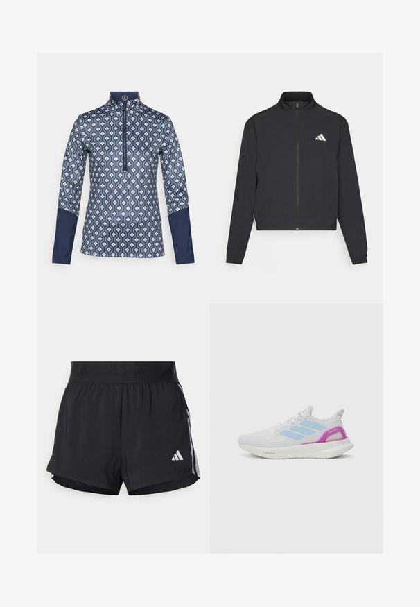 adidas Performance TRAIN ESSENTIALS 3 STRIPES WARM UP - Casaco de treino - black/white; Blusa de manga longa com fecho, em azul-marinho escuro, com um padrão geométrico branco; apresenta detalhes em azul-marinho sólido nas mangas e colarinho.; Calções de atletismo pretos com um cós elástico, apresentando uma faixa texturizada, riscas laterais e um logo branco da Adidas na bainha inferior.; adidas Performance PUREBOOST 5 - Sapatos para corrida em estrada - white/glow blue/purple burst