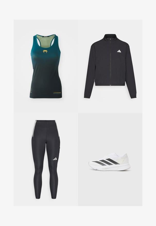adidas Performance TRAIN ESSENTIALS 3 STRIPES WARM UP - Casaco de treino - black/white; Camisola de treino atlética em verde e preto com um design em degradê, textura em rede, logotipo dourado e corte nas costas à racer. Acentos texturizados ao longo da bainha.; Leggings atléticos pretos feitos de material elástico. Apresentam detalhes laterais brancos e um logo da adidas na parte inferior da perna. Textura suave em geral.; Shoe atlético branco com riscas diagonais pretas, parte superior em malha, bico arredondado e sola texturizada. Os destaques incluem um calcanhar prateado e um design minimalista.