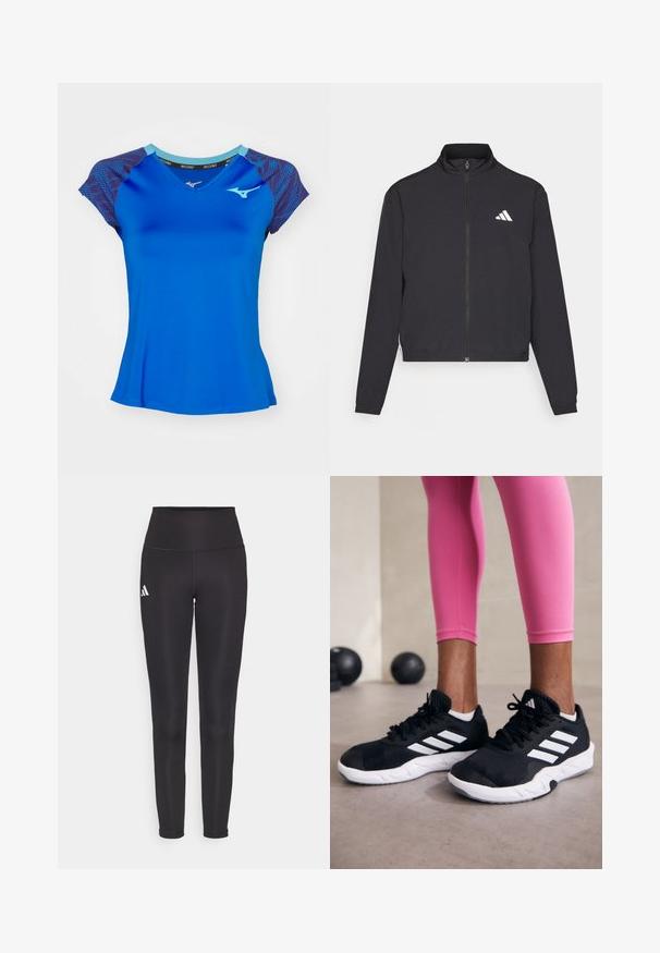 adidas Performance TRAIN ESSENTIALS 3 STRIPES WARM UP - Casaco de treino - black/white; Mizuno MUGEN TEE - T-shirt desportiva - mugen blue; Leggings pretos de cintura alta feitos de tecido elástico. Apresenta um logótipo branco no lado esquerdo e um design elegante e sem costuras. Textura suave.; Sapatos de treino pretos com riscas brancas, parte superior em malha texturizada e sola branca. Usados com leggings cor-de-rosa, destacando roupa de treino.