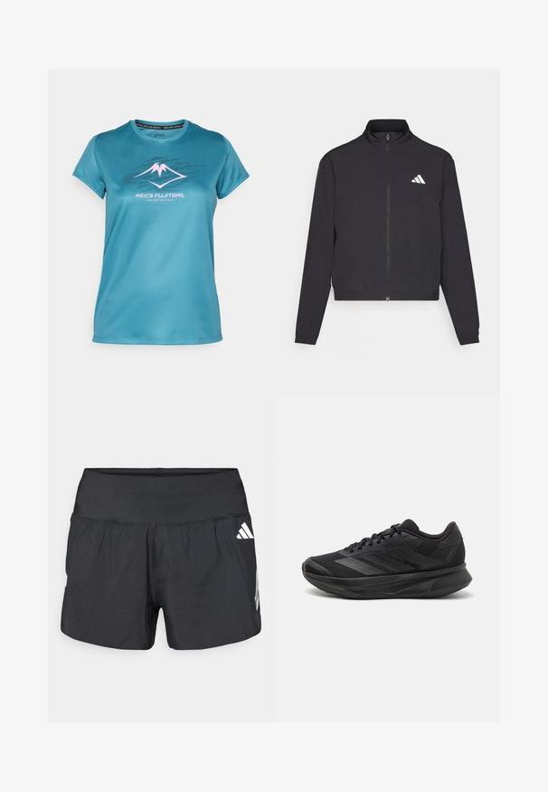 adidas Performance TRAIN ESSENTIALS 3 STRIPES WARM UP - Sportovní bunda - black/white; Tyrkysové výkonnostní tričko z hladkého, materiálu odvádějícího vlhkost. Obsahuje grafiku hory v růžové a černé barvě a kulatý výstřih.; Černé sportovní šortky s širokým elastickým pasem, lehkou tkaninou a bílými logy na dolní straně.; Černé běžecké boty s prodyšným síťovaným svrškem, kulatou špičkou, elegantním designem, texturovanými detaily a polstrovanou podrážkou pro pohodlí.