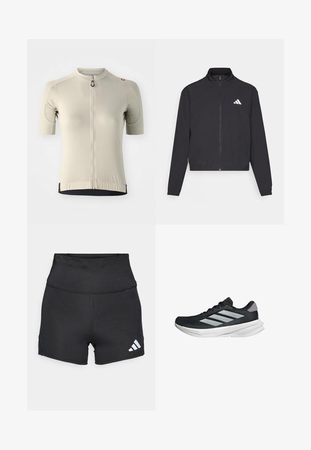 adidas Performance TRAIN ESSENTIALS 3 STRIPES WARM UP - Jakna za treniranje - black/white; Majica za biciklizam s kratkim rukavima u svijetloj bež boji, s punim prednjim zatvaračem, rebrastom teksturom i kontrastnim crnim rubom. Sadrži logotip kao dekoraciju.; adidas Performance Tajice - black; Crne trkačke tenisice s mrežastim gornjim dijelom, tri srebrne pruge, bijeli srednji sloj i teksturirani potplat. Sadrži podstavljeni ovratnik i zatvaranje s vezicama.