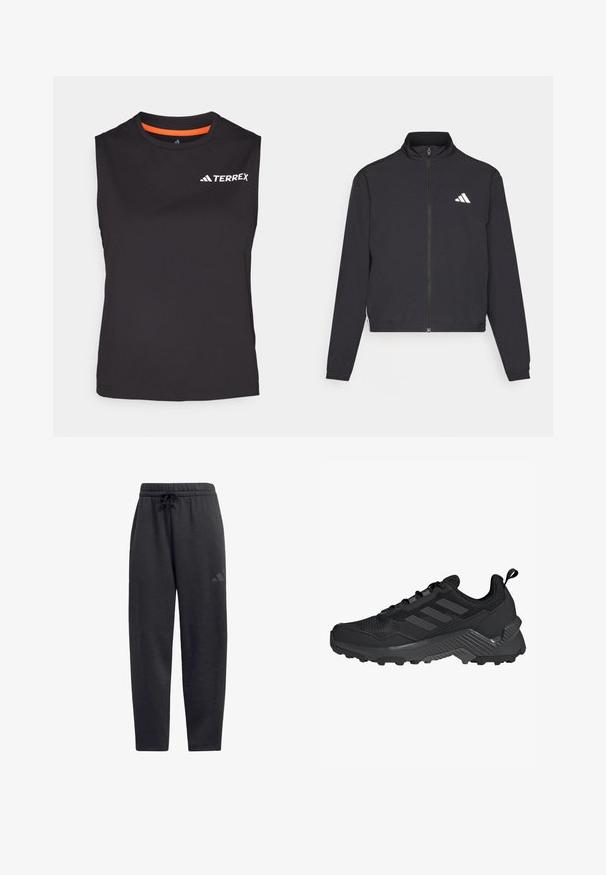 adidas Performance TRAIN ESSENTIALS 3 STRIPES WARM UP - Tréningová bunda - black/white; Bezrukávový čierny športový tričko vyrobené z látky odvádzajúcej vlhkosť. Obsahuje oranžový akcent na golieri a potlač loga "TERREX" v bielej farbe.; Čierne tepláky vyrobené z mäkkej látky, s elastickým pásom na sťahovanie, rovnými nohavicami a diskrétnym logom na stehne.; Čierna športová obuv s hornou časťou z sieťoviny, dizajnom s trojitou prúžkovou témou, tvarovaným podpätkom a robustnou podrážkou s výraznými trakčnými výstupkami.