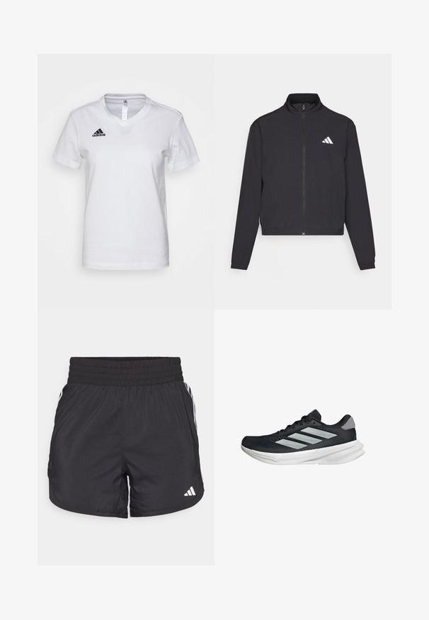 adidas Performance TRAIN ESSENTIALS 3 STRIPES WARM UP - Training jacket - black/white; White cotton t-shirt with a V-neck design, short sleeves, and a black Adidas logo on the left chest area. Smooth texture, classic fit.; Black athletic shorts with an elastic waistband, side pockets, and white stripe accents on the sides. Made of lightweight material.; Black running shoe with mesh upper, three silver stripes, white midsole, and textured outsole. Features padded collar and lace closure.