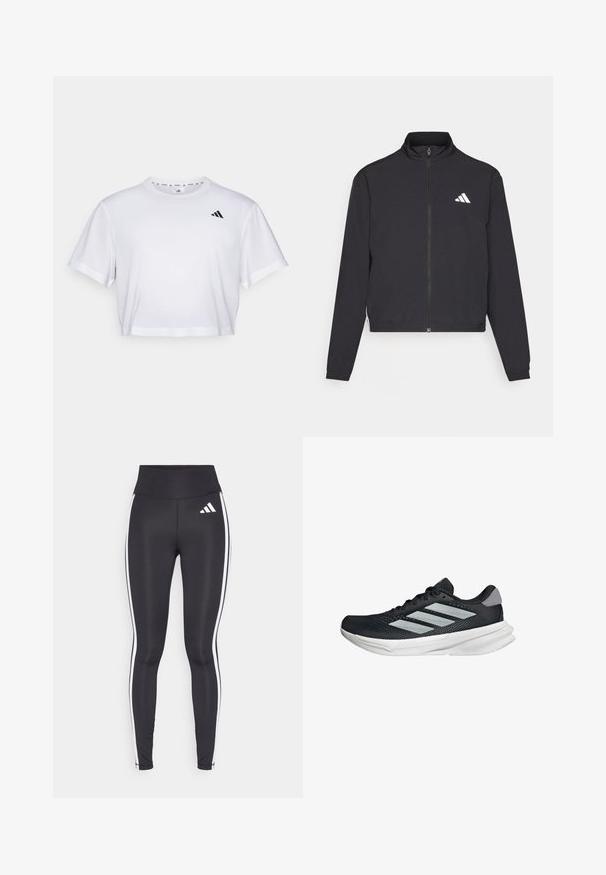adidas Performance TRAIN ESSENTIALS 3 STRIPES WARM UP - Verryttelytakki - black/white; Valkoinen lyhythihainen t-paita, joka on valmistettu pehmeästä kankaasta. Pyöreä pääntie. Musta logo vasemmassa rinnassa.; Mustat legginsit korkealla vyötäröllä, joissa on valkoiset sivusuunnat ja pieni valkoinen logo vasemmassa yläreidessä. Valmistettu sileästä, joustavasta materiaalista.; Musta juoksukenkä, jossa on verkko-osa ylhäällä, kolme hopeista raitaa, valkoinen välipohja ja teksturoitu pohja. Varustettu pehmustetulla nilkkaremmeillä ja nauhakiinnityksellä.