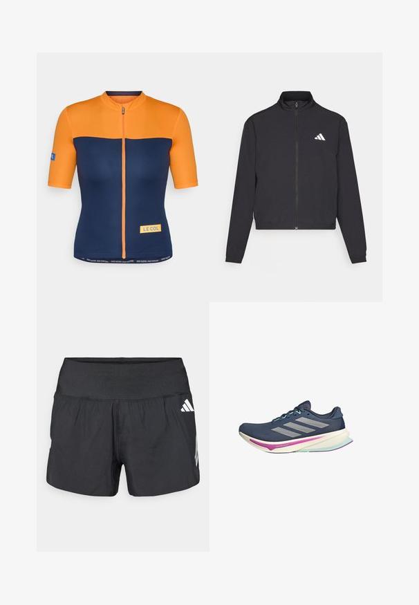 adidas Performance TRAIN ESSENTIALS 3 STRIPES WARM UP - Tréningová bunda - black/white; Cyklistický dres s krátkym rukávom v oranžovej a námorníckej modrej farbe, s predným zipsom, akcentmi loga a kontrastnými panelmi s hladkou textúrou.; Čierne atletické šortky s širokým elastickým pásom, ľahkým materiálom a bielymi logami na dolnej strane.; Námořnické běžecké boty s síťovaným svrškem, stříbrnými pruhy, mátovými akcenty a polstrovanou podrážkou s růžovými a tyrkysovými detaily pro pohodlí.