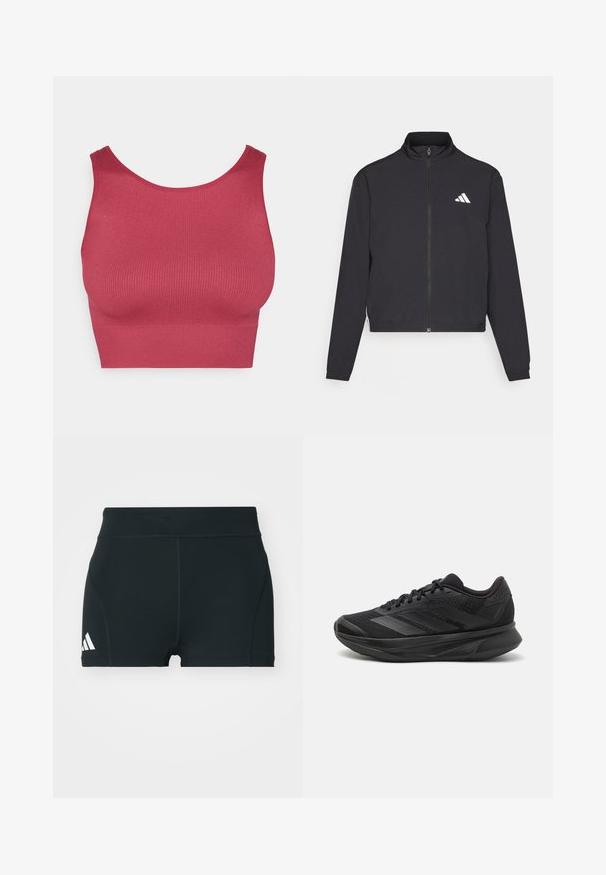 adidas Performance TRAIN ESSENTIALS 3 STRIPES WARM UP - Jakna za treniranje - black/white; Rebrasti, bezrukavni crop top u dubokoj ružičastoj boji. Izrađen od rastezljivog materijala s okruglim izrezom i prilagođenim dizajnom.; Crne atletske kratke hlače od rastezljivog materijala, s visokim strukom, prilagođenim oblikom i bijelim Adidas logotipom sa lijeve strane.; Crne trkaće tenisice s prozračnom mrežastom gornjom konstrukcijom, zaobljenim prstima, elegantnim dizajnom, teksturiranim detaljima i mekanim potplatom za udobnost.