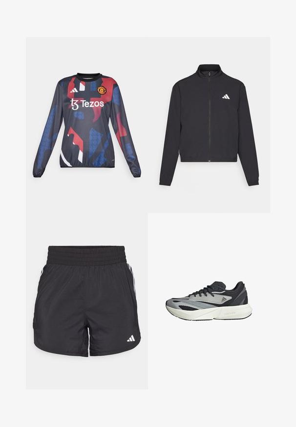 adidas Performance TRAIN ESSENTIALS 3 STRIPES WARM UP - Träningsjacka - black/white; Långärmad sporttröja i mörk marinblå med abstrakta röda och blå mönster, försedda med Manchester United-logotypen och "Tezos"-märket på framsidan.; Svarta träningsshorts med elastisk midja, sidfickor och vita randkonturer på sidorna. Tillverkade av lätt material.; Löparskor med ett grått och svart mesh-överdrag, geometriska överlägg, en tjock vit sula och texturerade detaljer. "LIGHTSTRIKE"-märkning synlig.