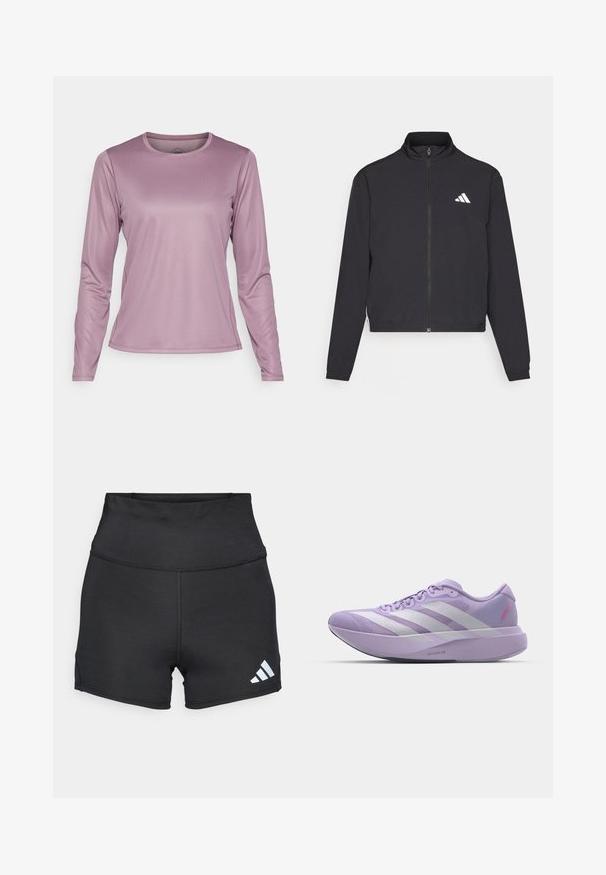 adidas Performance TRAIN ESSENTIALS 3 STRIPES WARM UP - Training jacket - black/white; Long-sleeve athletic shirt in light purple, featuring a smooth, stretchy fabric with a round neckline and subtle stitching details.; adidas Performance Leggings - black; Light purple running shoe with a mesh upper, white three-stripe design, textured finish, and a thick foam midsole labeled "LIGHTSTRIKE PRO."