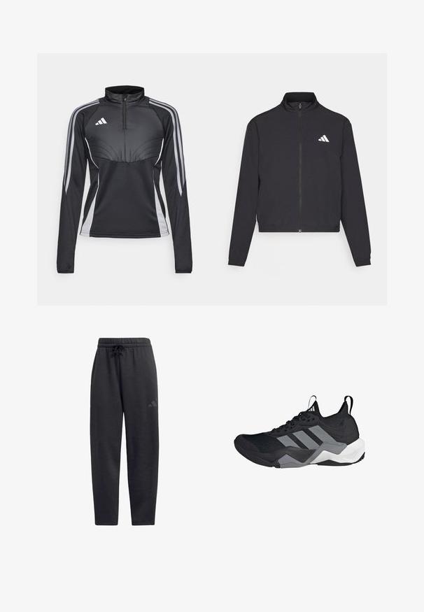 adidas Performance TRAIN ESSENTIALS 3 STRIPES WARM UP - Chaqueta de entrenamiento - black/white; Camiseta deportiva negra de manga larga con media cremallera, con detalles en gris y tres rayas en cada brazo, que presenta un diseño deportivo y costuras estructuradas.; Pantalones de chándal negros hechos de una tela suave, con una cintura elástica y cordón, piernas rectas y un logo discreto en el muslo.; Zapatilla deportiva negra con parte superior de malla transpirable, acentos grises, suela texturizada y tres distintivas franjas en el costado.