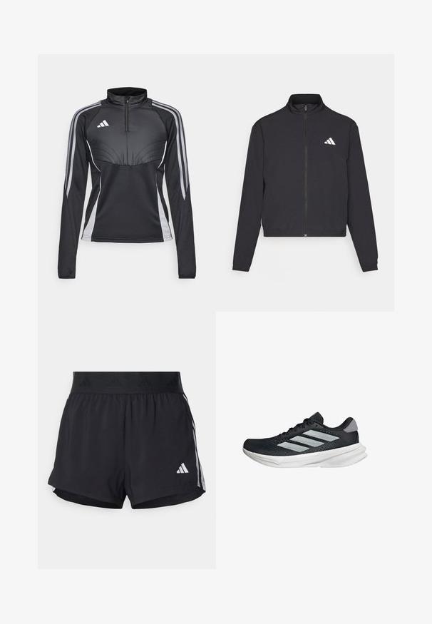 adidas Performance TRAIN ESSENTIALS 3 STRIPES WARM UP - Sportovní bunda - black/white; Černý sportovní čtvrtzipový top s dlouhým rukávem a šedými akcenty, s třemi pruhy na každém rukávu, který se vyznačuje sportovním designem a strukturovanými švy.; Černé sportovní šortky s elastickým pasem, s texturovaným páskem, bočními pruhy a bílým logem Adidas na dolním lemu.; Černé běžecké boty s vrchní částí z prodyšné síťoviny, třemi stříbrnými pruhy, bílou mezipodešví a texturovanou podešví. Obsahují polstrovaný límec a šněrování.