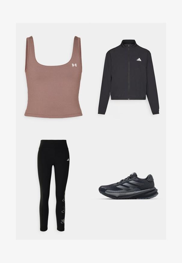 adidas Performance TRAIN ESSENTIALS 3 STRIPES WARM UP - Training jacket - black/white; Brown cropped tank top with a square neckline, made from a smooth, stretchy fabric. Features a small white logo on the left side.; Black leggings made from stretchy material, featuring a high waistband and a reflective logo on the hip, with a geometric accent design on the leg.; Black athletic shoe with a textured mesh upper, reflective accents, cushioned sole, and a streamlined design. Features three stripe logo.