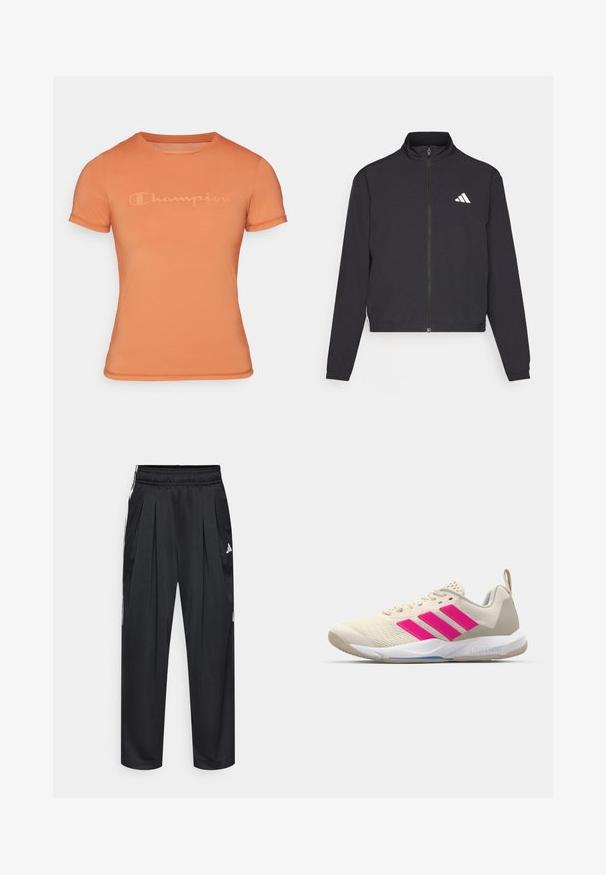 adidas Performance TRAIN ESSENTIALS 3 STRIPES WARM UP - Casaco de treino - black/white; T-shirt laranja de mangas curtas, feito de um tecido suave, com um logotipo "Champion" discretamente embossado na parte da frente e um design de gola redonda.; Calças atléticas pretas com pregas, cintura elástica e riscas laterais. Feitas de tecido liso, com o logótipo da Adidas em branco.; Sapata atlética bege com logotipo de três riscas cor-de-rosa, parte superior em malha texturizada, colarinho acolchoado e sola de borracha branca, apresentando a marca "LIGHTSTRIKE".