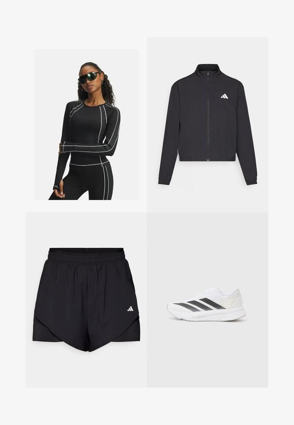 adidas Performance ESSENTIALS 3 STRIPES czarny; Czarna długorękawowa bluzka sportowa z białymi akcentami i siateczkowymi wstawkami, połączona z czarnymi legginsami i futurystycznymi czarnymi okularami przeciwsłonecznymi.; Czarne szorty sportowe z warstwowym wzorem, wykonane z lekkiego materiału. Posiadają elastyczny pas i małe białe logo z boku.; Białe buty sportowe z czarnymi przekątnymi paskami, siateczkowa cholewka, zaokrąglony nos oraz teksturowana podeszwa. Akcenty obejmują srebrny obcas i minimalistyczny design.