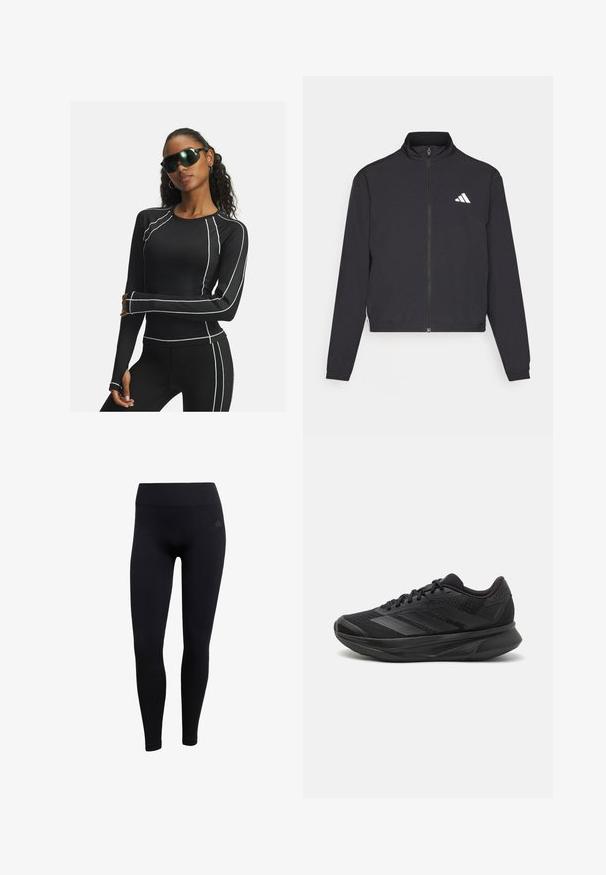 adidas Performance TRAIN ESSENTIALS 3 STRIPES WARM UP - Træningsjakke - black/white; Sort langærmet atletisk top med hvide detaljer og mesh-paneler, parret med sorte leggings og futuristiske sorte solbriller.; Sorte atletiske leggings lavet af strækbart stof, med høj talje, tætsiddende design og ribbede ankelmanchetter. Diskret brandlogo.; Sort løbesko med en åndbar mesh-overdel, afrundet tå, strømlinet design, teksturerede detaljer og en polstret sål for komfort.