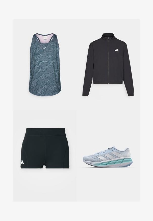 adidas Performance TRAIN ESSENTIALS 3 STRIPES WARM UP - Tréning dzseki - black/white; Ujjatlan sportos tank top sötét türkiz színben, hullámos, texturált mintázattal. Kerek nyakkivágással és diszkrét logóval a mellrészen.; Fekete sportnadrág elasztikus anyagból, magas derékkal, testhezálló fazonban, bal oldalon fehér Adidas logóval.; Világoskék sportcipők texturált kötött felsőrésszel, fehér díszítéssel és áttetsző zöld középtalppal. Lekerekített orr és párnázott boka rész.