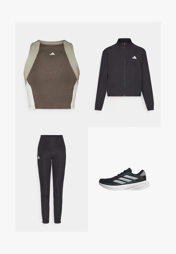 adidas Performance TRAIN ESSENTIALS 3 STRIPES WARM UP - Verryttelytakki - black/white; adidas Performance TECHFIT COLORBLOCK CROPPED - Toppi - shadow olive; Musta korkeavyötäröinen legginssit joustavasta kankaasta. Vasemmalla puolella valkoinen logo ja tyylikäs, saumaton muotoilu. Silkkinen pinta.; Musta juoksukenkä, jossa on verkko-osa ylhäällä, kolme hopeista raitaa, valkoinen välipohja ja teksturoitu pohja. Varustettu pehmustetulla nilkkaremmeillä ja nauhakiinnityksellä.
