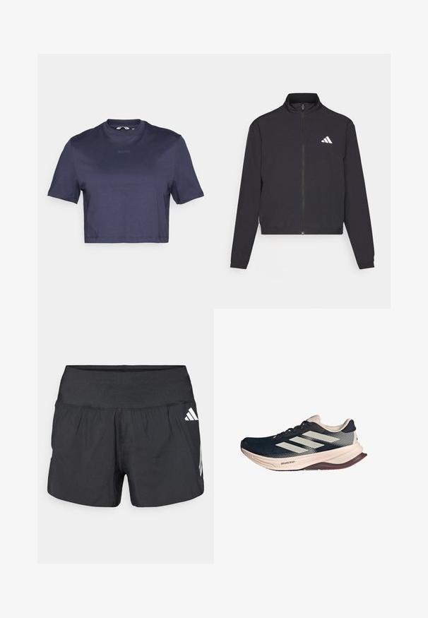 adidas Performance TRAIN ESSENTIALS 3 STRIPES WARM UP - Jakna za treniranje - black/white; Tamno plavi skraćeni majica s glatkim materijalom, okruglim izrezom i kratkim rukavima. Na prednjoj strani suptilno je ispisan natpis "BORG".; Crne sportske kratke hlače s širokim elastičnim pojasom, laganom tkaninom i bijelim logotipom na donjoj strani.; Tenisice za trčanje s tamnoplavom mrežastom gornjom partijom, svijetlosmešnim đonom i bijelim trostrukim prugama. Odlikuju se elegantnim, aerodinamičnim oblikom i teksturiranim detaljima.