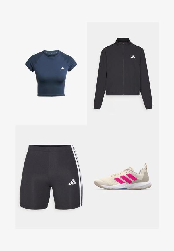 adidas Performance TRAIN ESSENTIALS 3 STRIPES WARM UP - Jakna za treniranje - black/white; Temno plavi atletski crop top s kratkim rukavima, rebrastim dijelovima na ramenima i bijelim prugama sa strane. Ima logotip branda na prsima.; Crne atletske kratke hlače od rastezljivog materijala, s bijelim bočnim trakama i Adidas logom na donjem desnom dijelu noge. Glatka tekstura.; Bež sportska cipela s ružičastim logotipom u obliku tri pruge, gornjište od teksturirane mrežice, podstavljeni ovratnik i bijela gumena đon, s "LIGHTSTRIKE" brendom.
