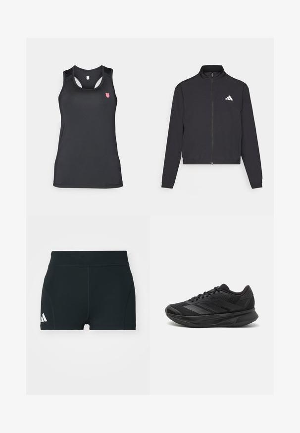 adidas Performance TRAIN ESSENTIALS 3 STRIPES WARM UP - Jakna za treniranje - black/white; Crna majica bez rukava izrađena od glatkog, rastezljivog materijala. Ima dizajn s izrezom na leđima i mali ružičasti logo na gornjem lijevom dijelu.; Crne atletske kratke hlače od rastezljivog materijala, s visokim strukom, prilagođenim oblikom i bijelim Adidas logotipom sa lijeve strane.; Crne trkaće tenisice s prozračnom mrežastom gornjom konstrukcijom, zaobljenim prstima, elegantnim dizajnom, teksturiranim detaljima i mekanim potplatom za udobnost.