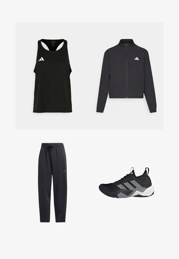 adidas Performance TRAIN ESSENTIALS 3 STRIPES WARM UP - Casaco de treino - black/white; Camisola de desporto preta sem mangas com decote redondo e design de costas abertas. Apresenta um logótipo branco da Adidas na área do peito esquerdo. Tecido suave e leve.; Calças de fato pretas feitas de tecido macio, com uma cintura elástica e um cordão, pernas retas e um logótipo discreto na coxa.; Shoe atlético preto com um cabedal de malha respirável, detalhes em cinza, sola texturizada e três riscas distintas de lado.