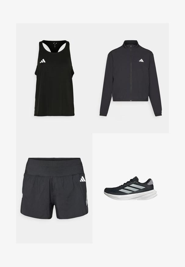 adidas Performance TRAIN ESSENTIALS 3 STRIPES WARM UP - Trainingsvest - black/white; Zwarte sportieve tanktop met een ronde halslijn en een open rugontwerp. Heeft een wit Adidas-logo op de linkerborst. Zachte, lichtgewicht stof.; Zwarte sportshorts met een brede elastische tailleband, lichtgewicht stof en witte logo-accenten aan de onderkant zijkant.; Zwarte hardloopschoen met een mesh bovenzijde, drie zilveren strepen, witte middenzool en een gestructureerde loopzool. Heeft een gevoerde kraag en een vetersluiting.