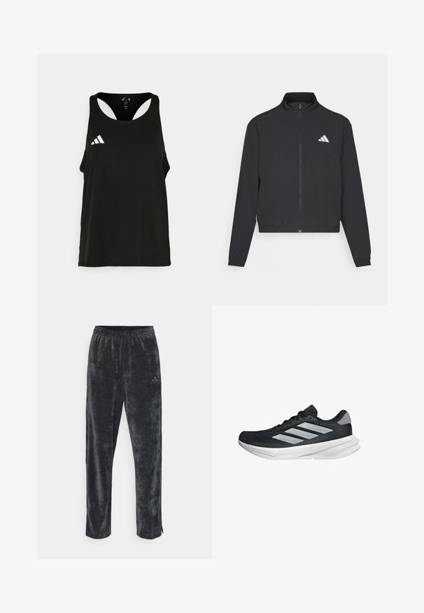 adidas Performance TRAIN ESSENTIALS 3 STRIPES WARM UP - Träningsjacka - black/white; Svart sportig linne med rund halsringning och öppen ryggdesign. Har en vit Adidas-logotyp på vänster bröstområde. Mjuk, lättviktig tyg.; Grå, mjuka velourbyxor med en avslappnad passform, utrustade med resårmidja och diskreta sidostråk. Litet logomärke på överbenet.; Svart löparskor med meshtopp, tre silverränder, vit mellansula och strukturerad sula. Har vadderad krage och snörning.
