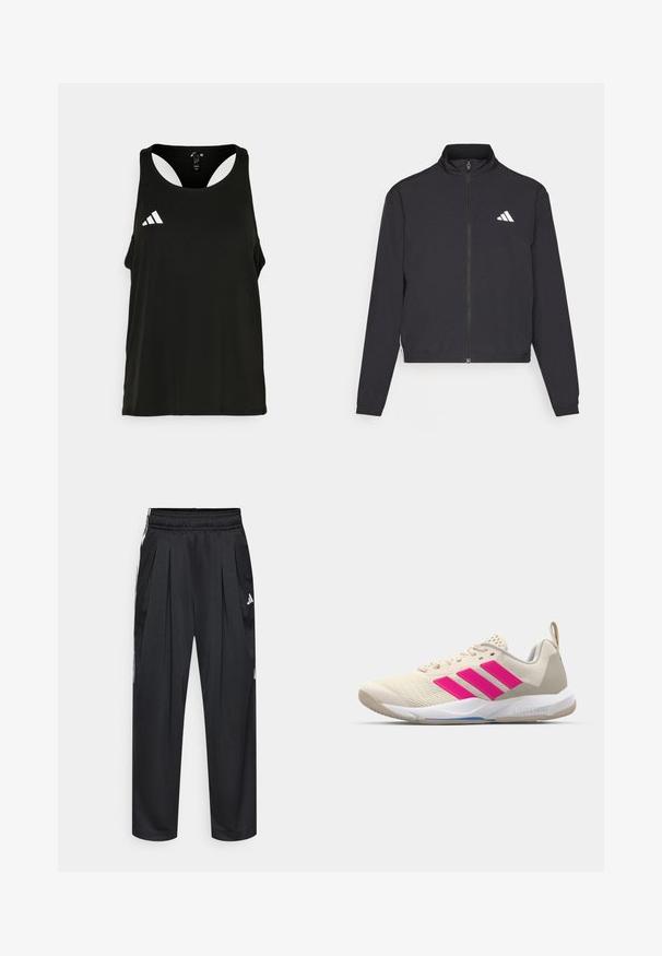 adidas Performance TRAIN ESSENTIALS 3 STRIPES WARM UP - Giacca sportiva - black/white; Canottiera sportiva nera con scollatura tonda e design aperto sulla schiena. Presenta un logo Adidas bianco sulla parte sinistra del petto. Tessuto morbido e leggero.; Pantaloni sportivi neri con pieghe, vita elastica e righe laterali. Realizzati in tessuto liscio, con il logo Adidas in bianco.; Scarpa sportiva beige con logo a tre strisce rosa, tomaia in rete testurizzata, collo imbottito e suola in gomma bianca, con il marchio "LIGHTSTRIKE".