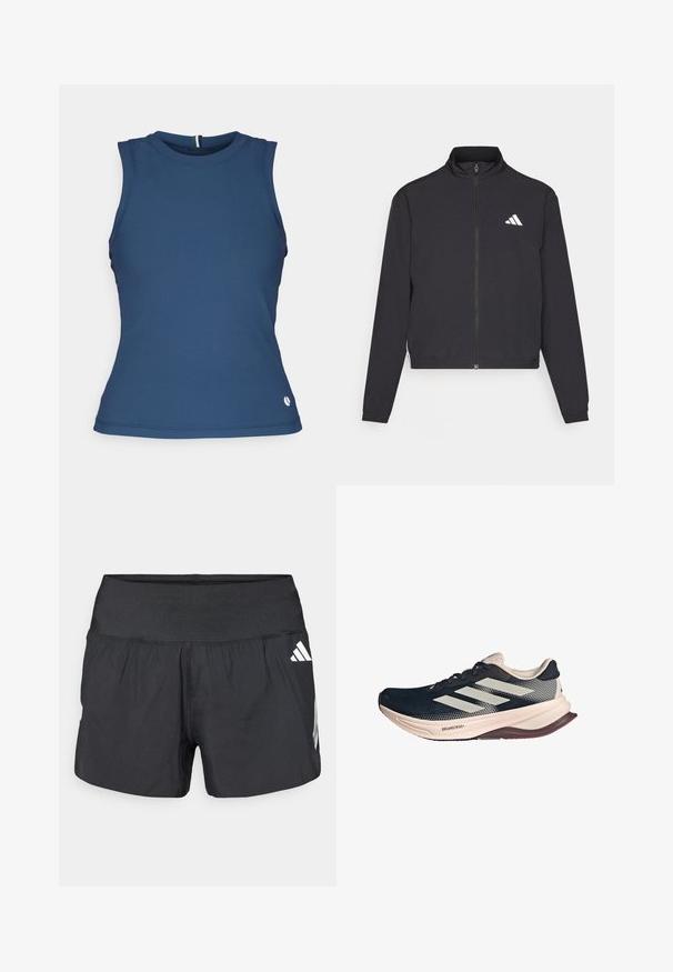 adidas Performance TRAIN ESSENTIALS 3 STRIPES WARM UP - Training jacket - black/white; Björn Borg ACE TANK POCKET - Top - moonlit ocean; Black athletic shorts featuring a wide elastic waistband, lightweight fabric, and white logo accents on the lower side.; Running shoe with a dark blue mesh upper, light beige sole, and white three-stripe design. Features a sleek, aerodynamic shape and textured accents.
