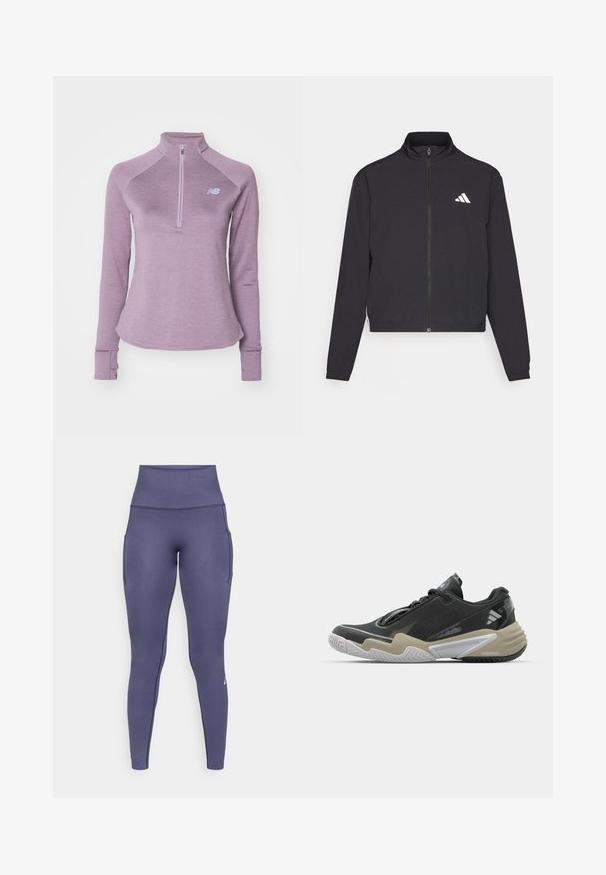 adidas Performance TRAIN ESSENTIALS 3 STRIPES WARM UP - Spordijakk - black/white; Pikisu varrukatega helesinine sporditopp, millel on pooltõmblusega kaelus. Omab ribakäsitööd ja pöidlatuge varrukaotsas. Uue Balance'i logo on nähtaval.; Kõrge vöökoht, õmblusteta tumesinised spord leggingud küljetaskutega ja peene tekstuuriga mustriga, mõeldud aktiivseks kandmiseks.; Mustard ja beež spordijalats tekstuurse pealisega, silmapaistva tallakujundusega, peegeldava detailiga ja paeltesüsteemiga. Kerge konstruktsioon.